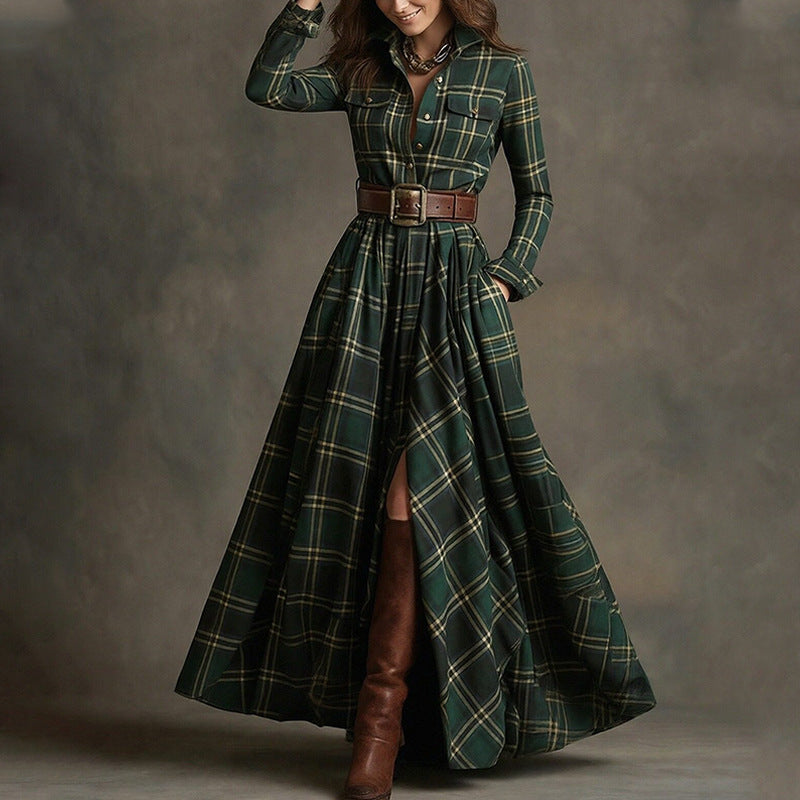 Women's Printed Lapel Slim-Fit Dress – Elegant Commuter Style Green