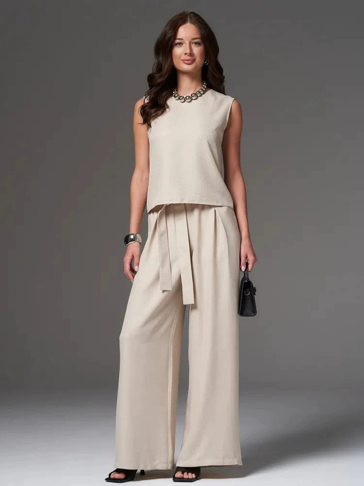 Sleeveless Cotton-Linen Wide-Leg Pants Set – 4 Colors, S–2XL Apricot