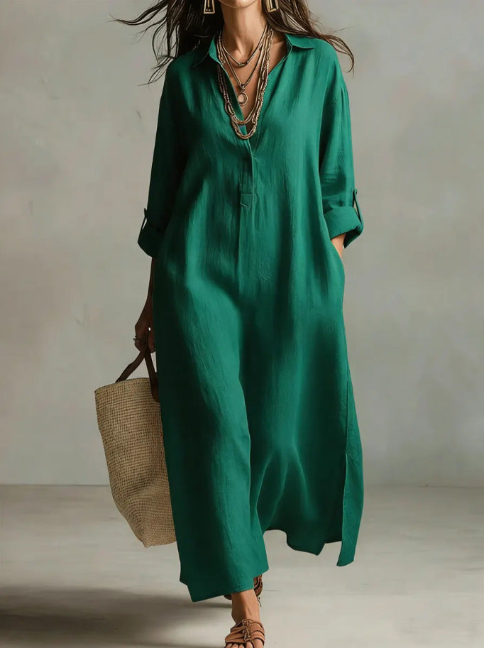 Women's Casual Long-Sleeve Linen Shirt Dress – Relaxed Fit Green