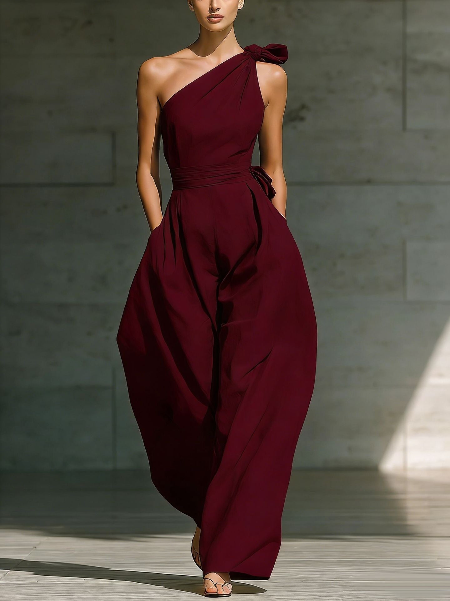 Women's Loose Sleeveless Off-Shoulder Belted Wide-Leg Jumpsuit Wine Red