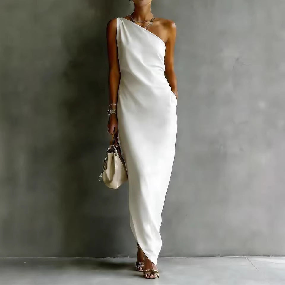 Women's Satin Off-Shoulder Slim-Fit Maxi Dress White