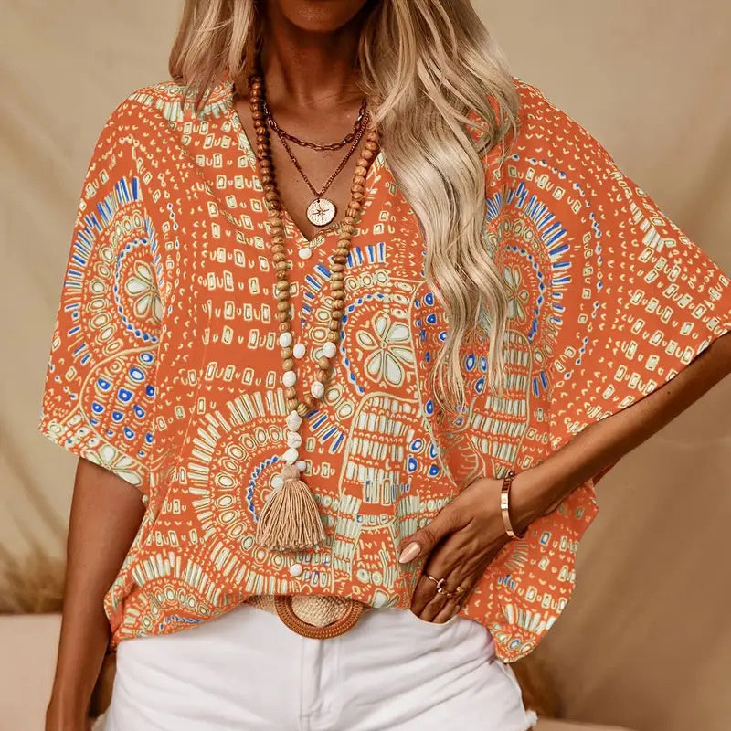 Mandala Print V-Neck Blouse – Casual Vacation Top Yellow