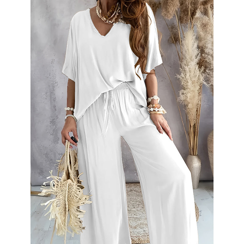 Women’s Lounge Set with Wide Leg Pant White
