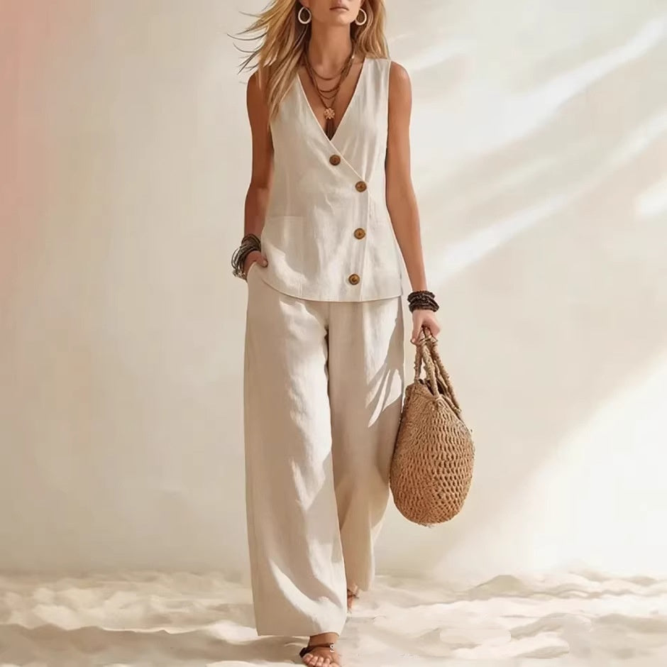 Women's Button-Up Cardigan Vest & Pants Set – Sleeveless Two-Piece White