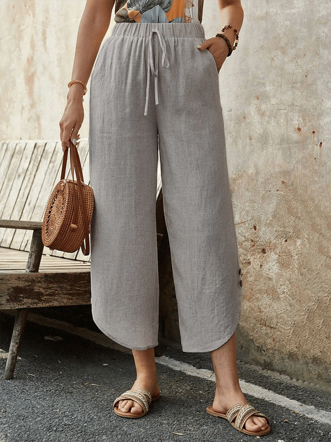 🌿 Women's Cotton-Linen Cropped Drawstring Pants Light Gray