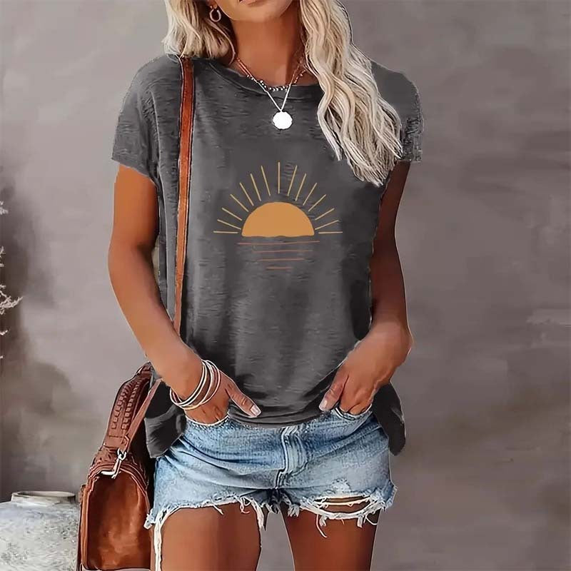 Sunrise Print Round Neck T-Shirt Light gray