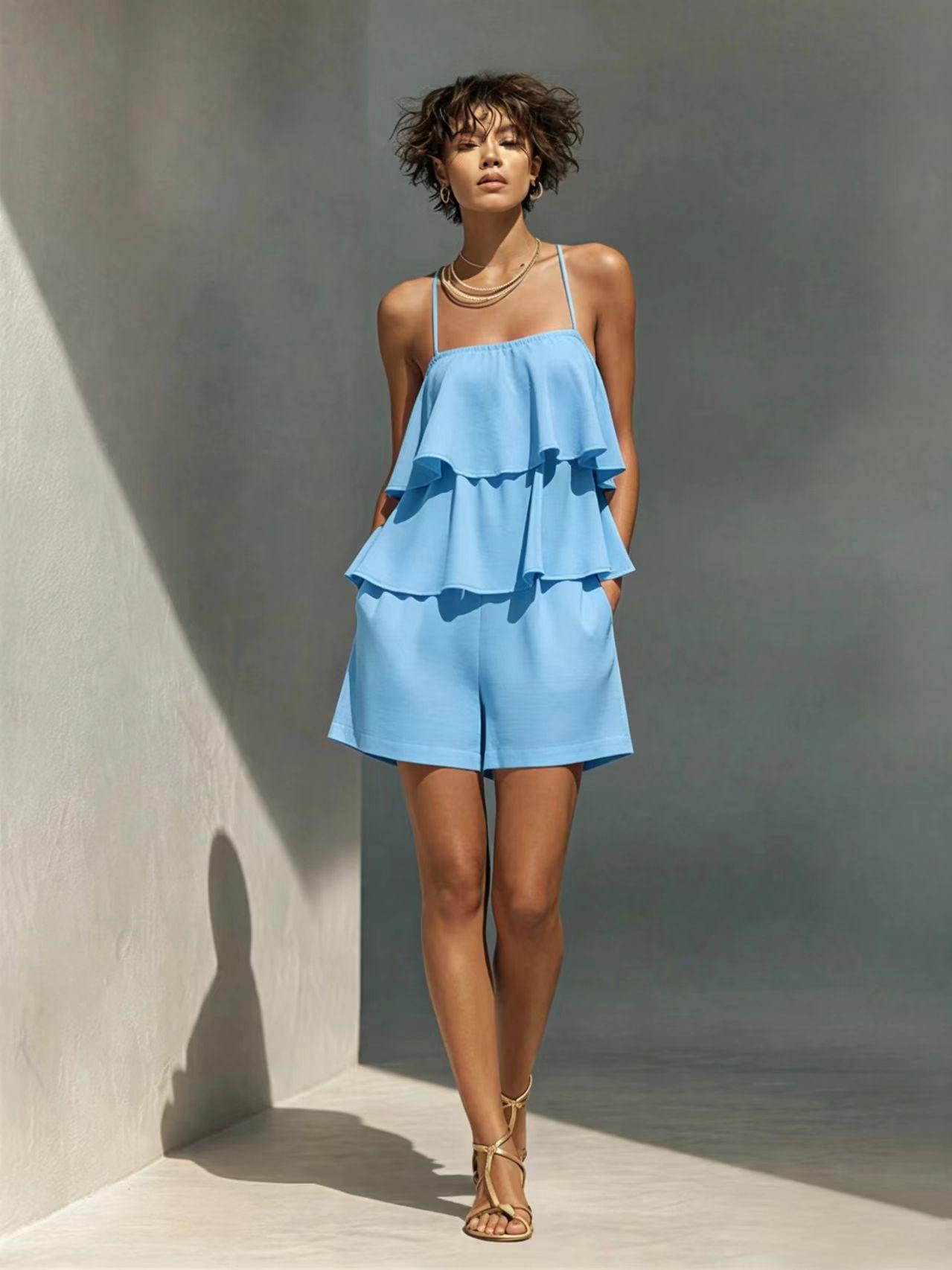 Women's Multi-Layer Ruffle Camisole & Shorts Set Sky Blue
