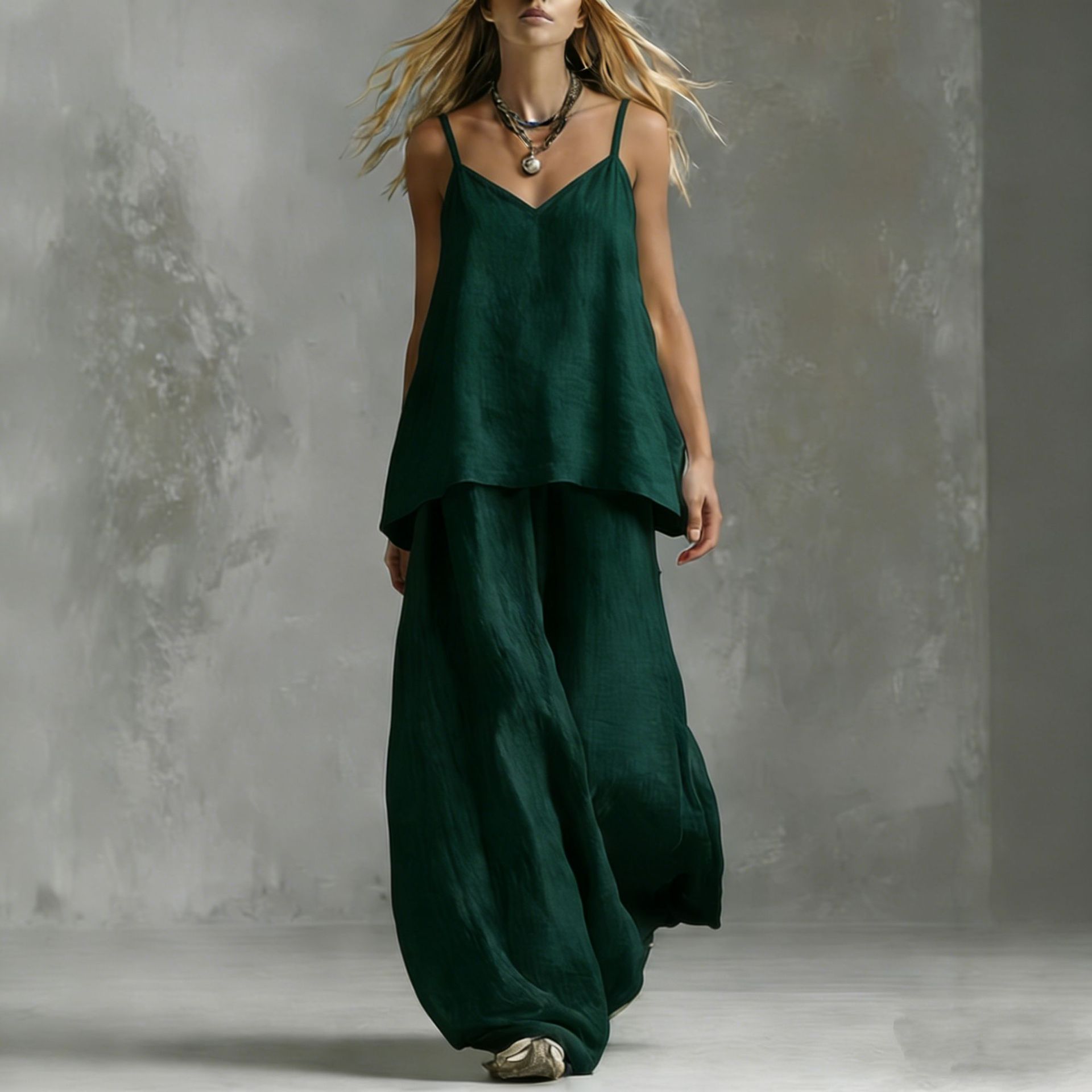Women's Sleeveless Elegant Pantsuit – Off-Shoulder 2-Piece Suit Set Dark Green