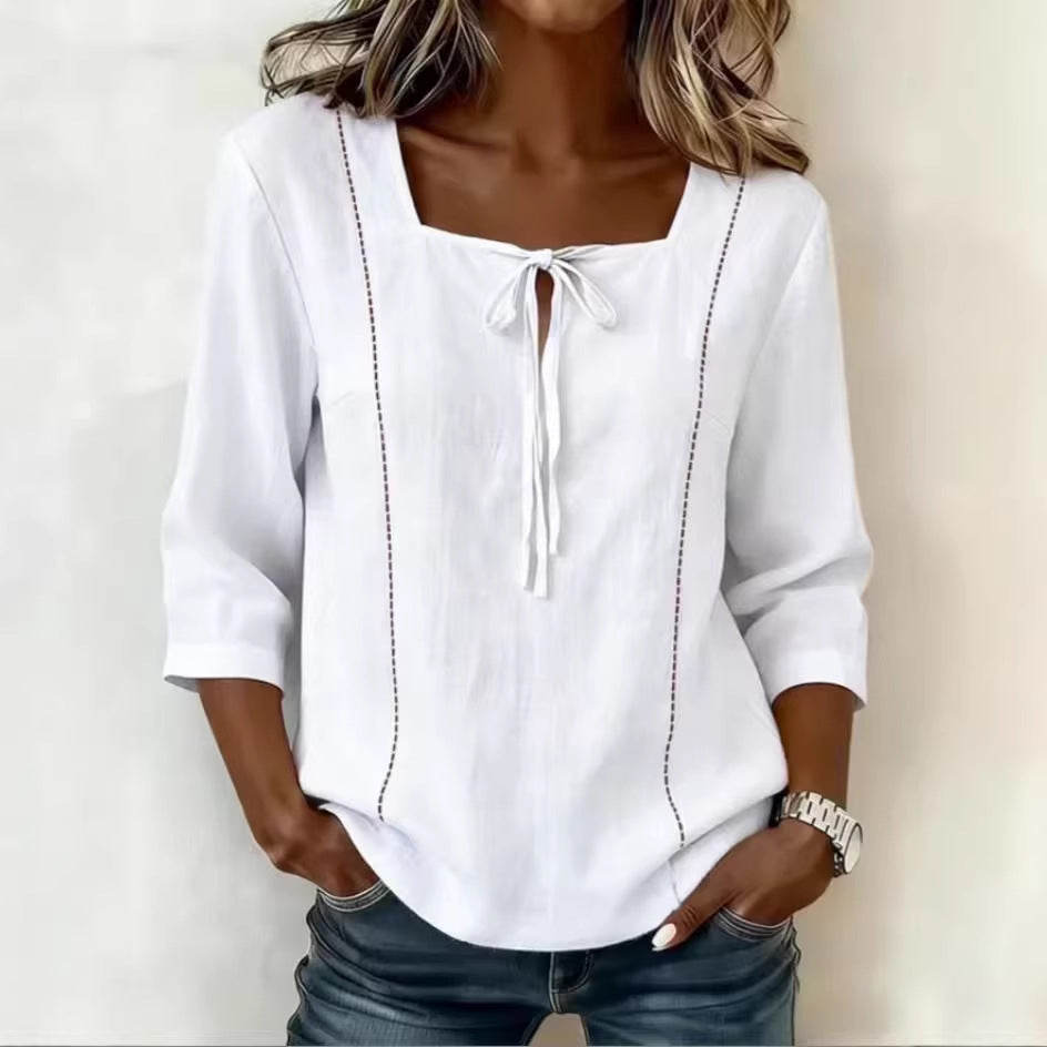 Printed Lace-Up Square-Neck Shirt – Three-Quarter Sleeve, Ramie White