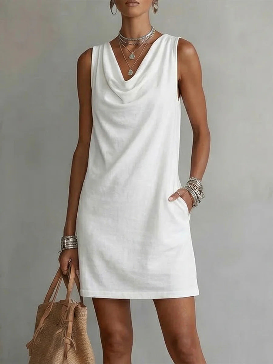 Women's Off-Shoulder Sleeveless Dress – Casual Pullover Midi Dress White