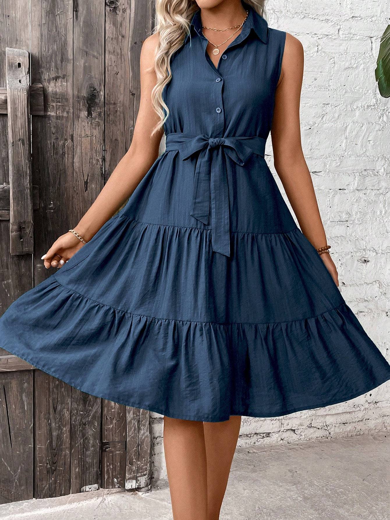 Women's Ruffle Hem Belted Shirt Maxi Dress Navy Blue