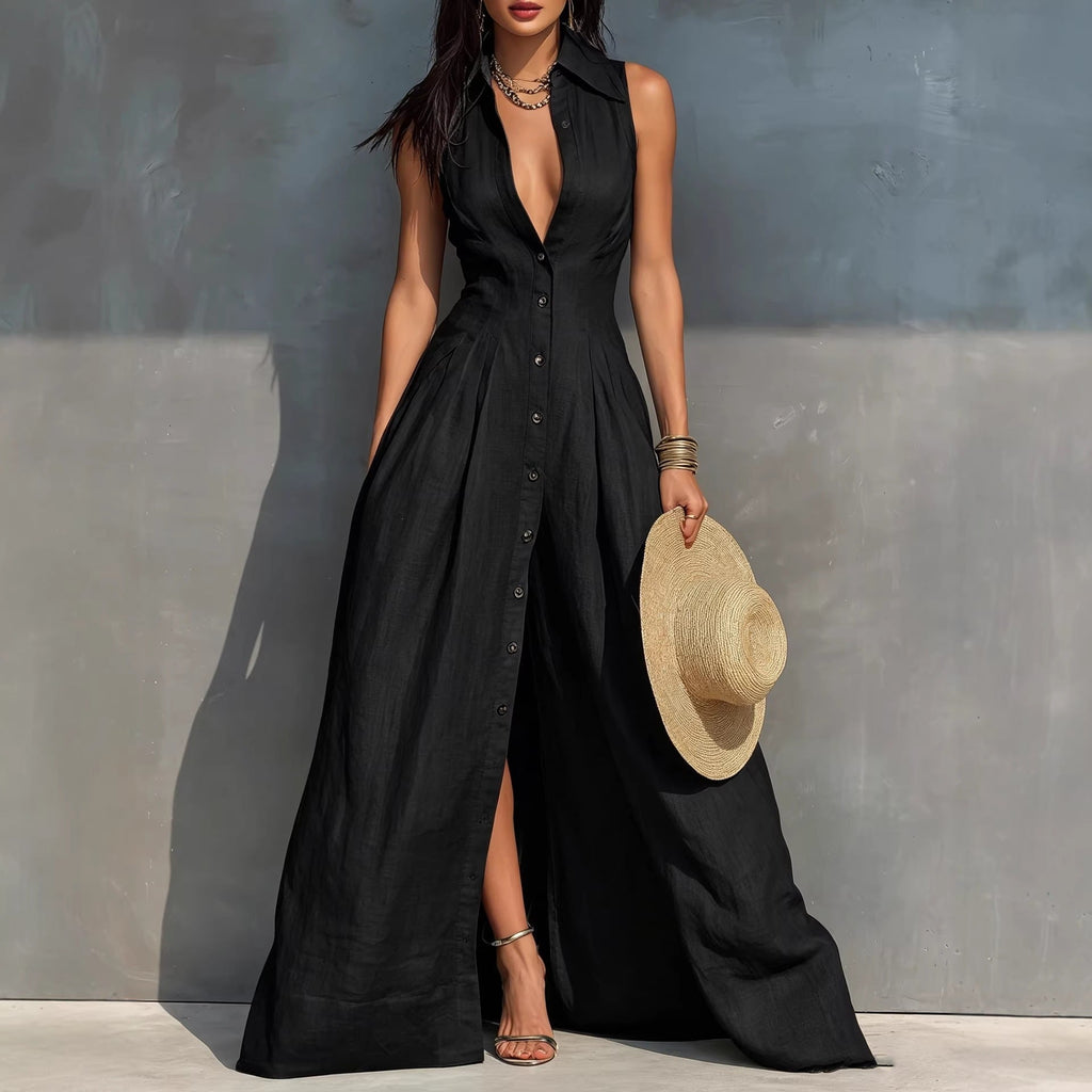 Women's High-Waist Lapel Shirt Maxi Dress – Elegant & Versatile Black