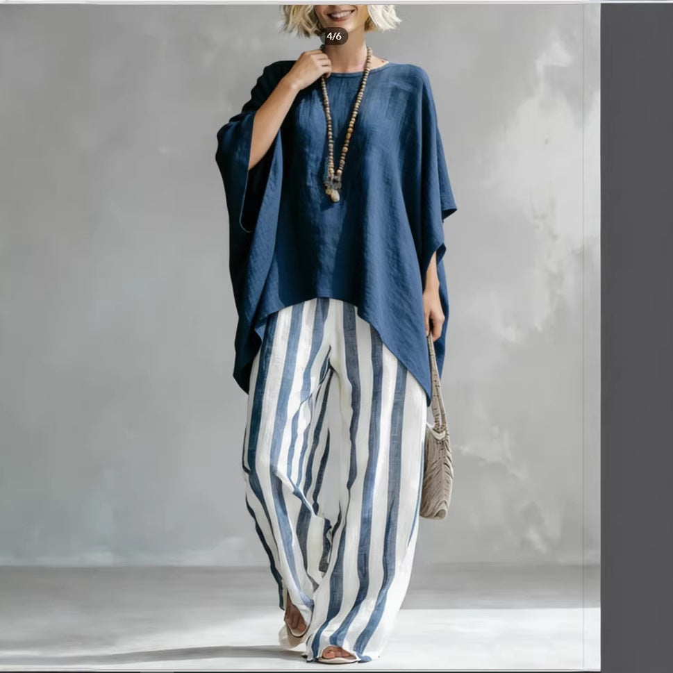 Women's Striped Batwing-Sleeve Loose Linen Two-Piece Set Navy Blue