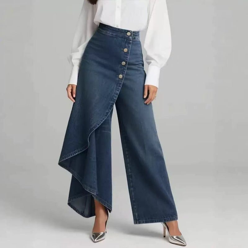 Women's Washed Denim Skort with Button Closure Dark Blue