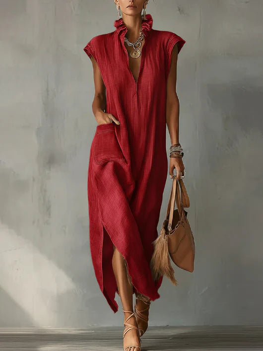 Women’s Cotton-Linen Sleeveless Solid-Color Shirt Dress Red