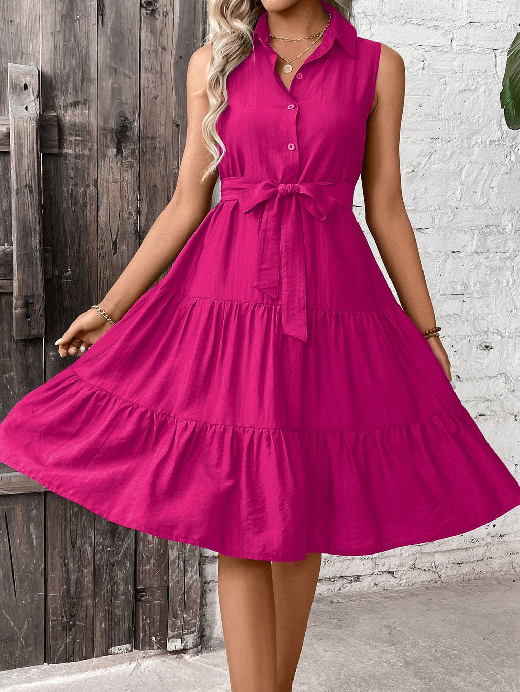 🌴 Women's Ruffle Hem Belted Shirt Maxi Dress Hot Pink