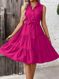 🌴 Women's Ruffle Hem Belted Shirt Maxi Dress Hot Pink