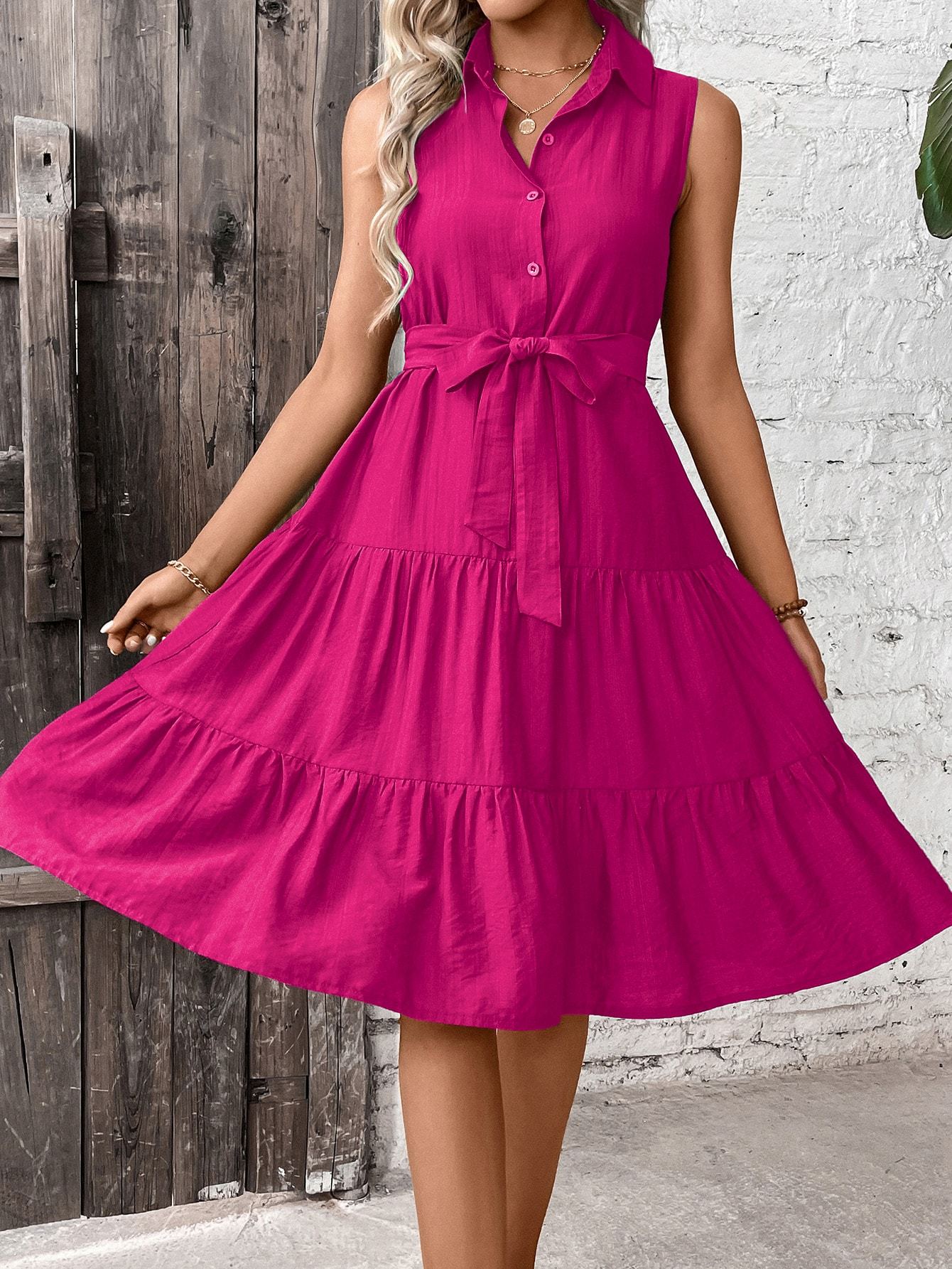 🌴 Women's Ruffle Hem Belted Shirt Maxi Dress Hot Pink