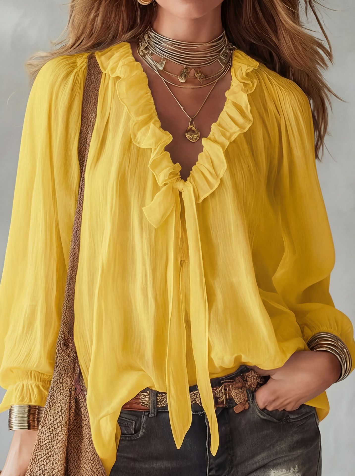 V-Neck Loose-Fit Shirt Top – No-Iron, 8 Colors Yellow