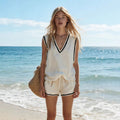 Women's V-Neck Vest & Shorts Two-Piece Set Beige