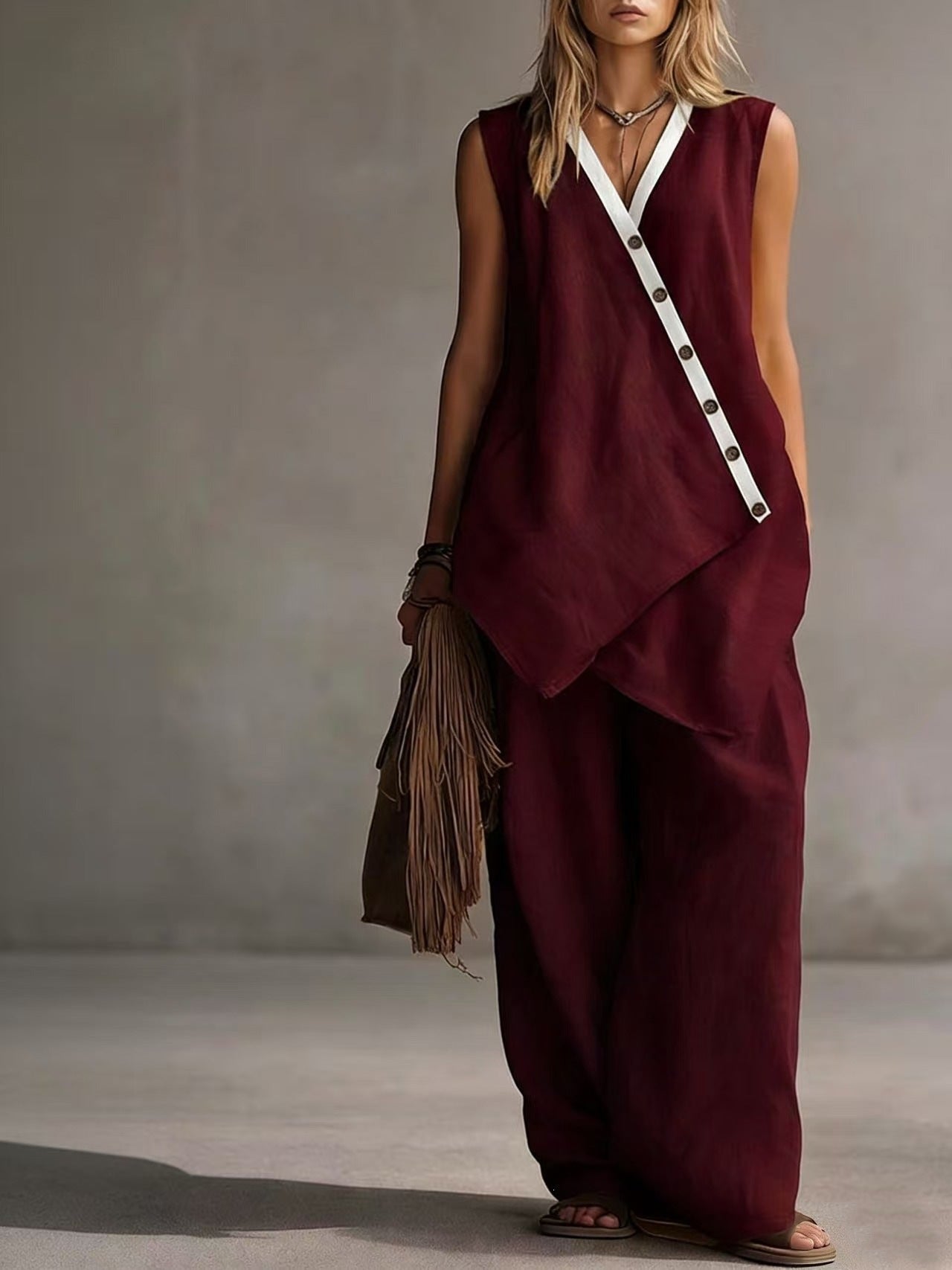 Women's Boho V-Neck Button Vest & Wide-Leg Pants Set Wine Red