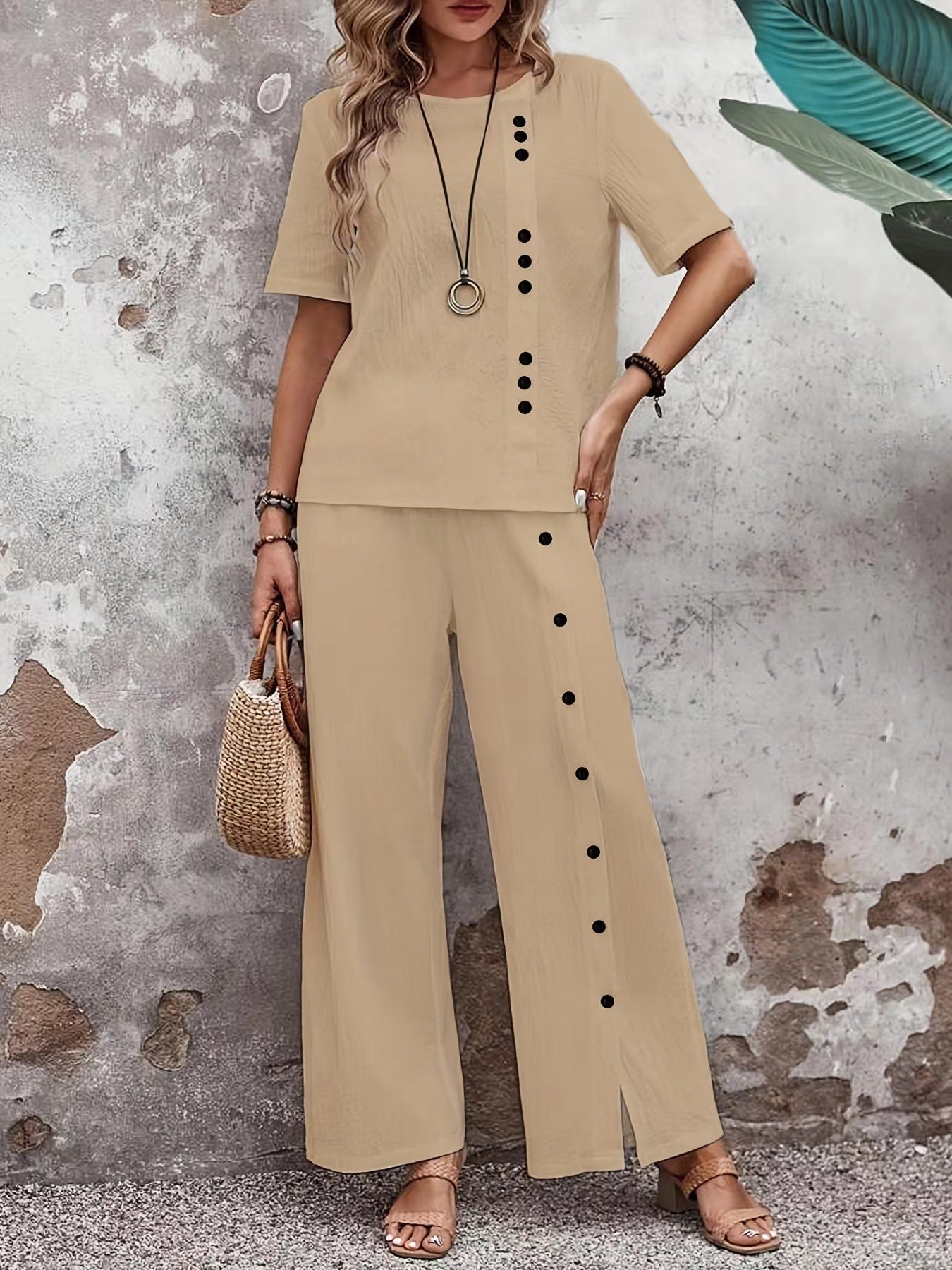 Women’s Button-Up Top and Loose Fit Two Piece Linen Set Khaki