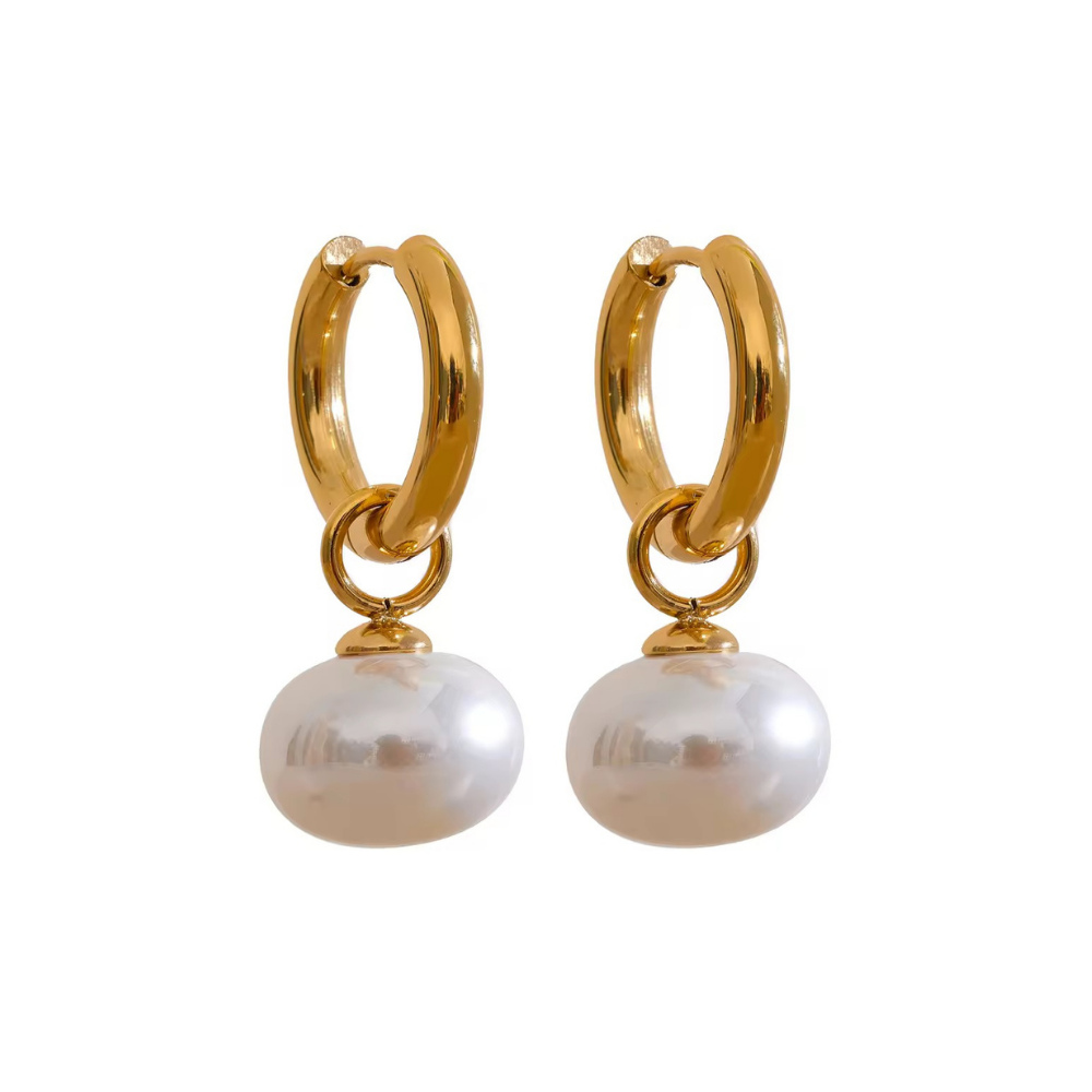 Chunky Pearl Drop Hoops - Stainless Steel