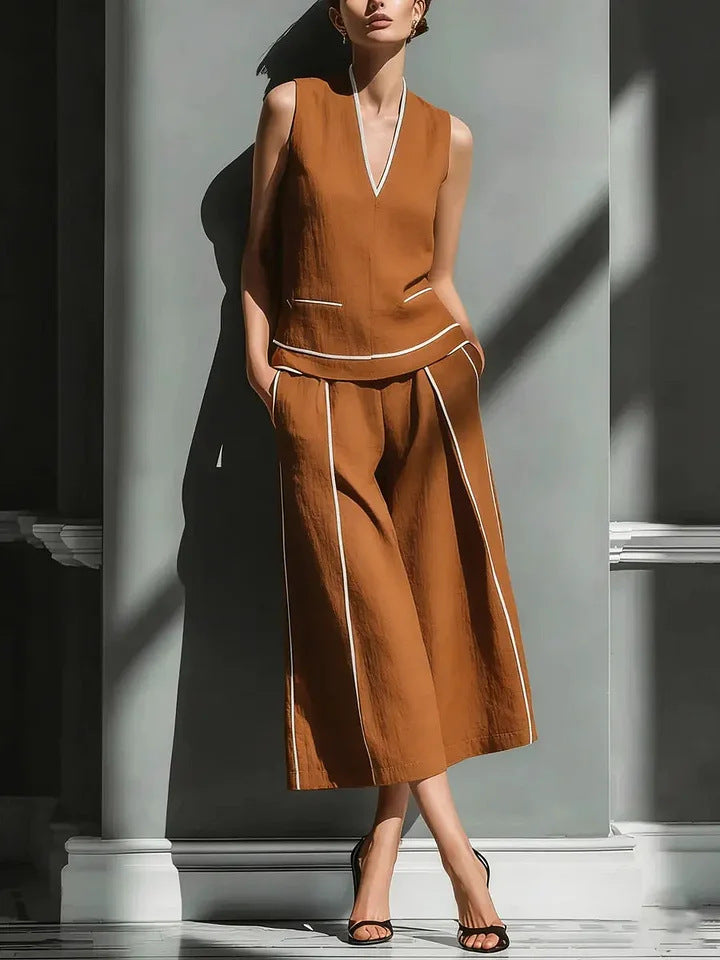 Women's Sleeveless Linen Shirt & Cropped Pants Set – Casual 2-Piece Outfit Light Brown