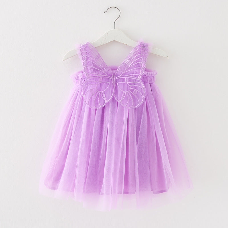 Children's Mesh Dress Sling Birthday Dress Pettiskirt Three-dimensional Angel Wings Fairy Fashionable Skirt Violet