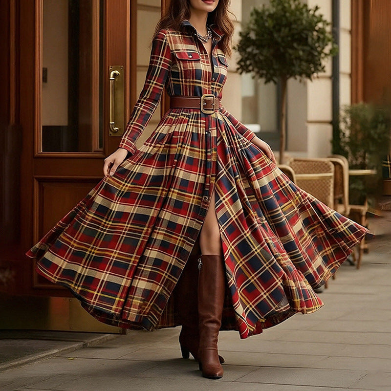Women's Printed Lapel Slim-Fit Dress – Elegant Commuter Style Red