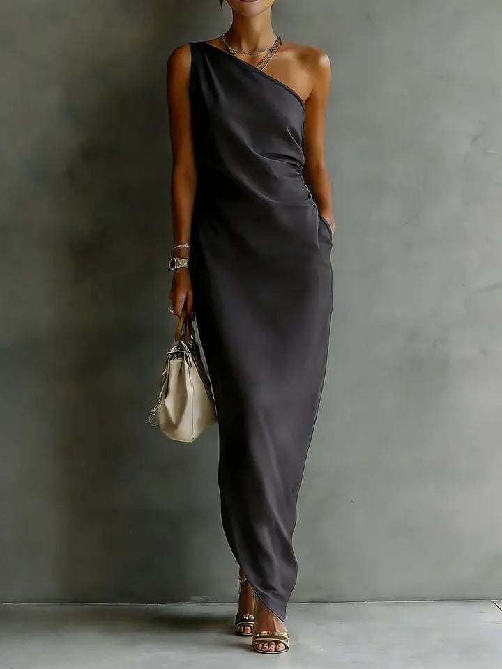 Women's Satin Off-Shoulder Slim-Fit Maxi Dress Black