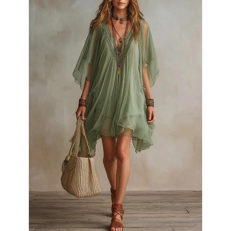 Women's V-Neck Chiffon Batwing Sleeve Boho Resort Dress Green