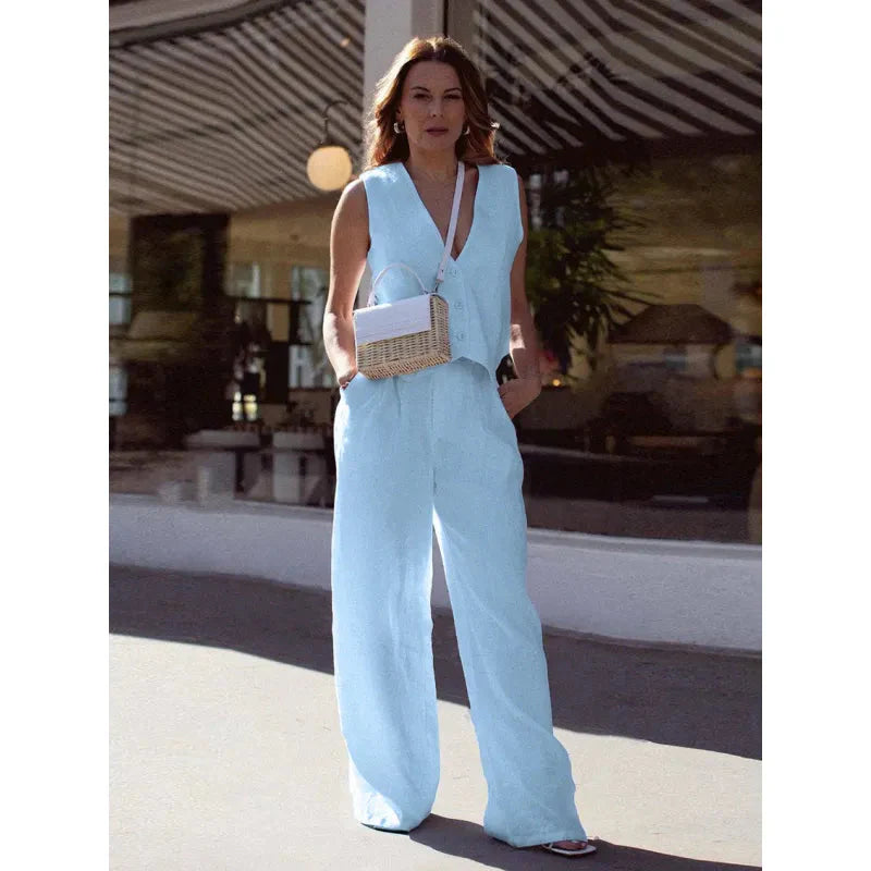 Women’s V‑Neck Button‑Front Vest & High‑Waist Pants Set Blue