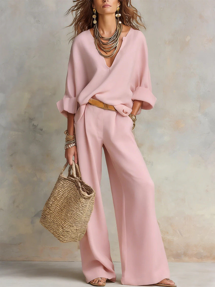 Women's Casual Linen Vacation Set – Three-Quarter Sleeve Top & Full-Length Pants Pink