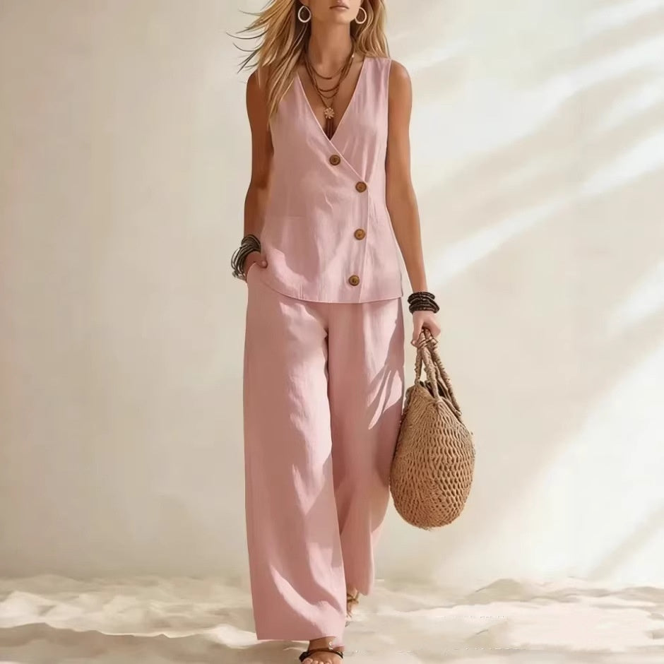 Women's Button-Up Cardigan Vest & Pants Set – Sleeveless Two-Piece Pink