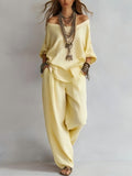 Chiffon Puff-Sleeve Top & Wide-Leg Pants Set – 15 Colors Yellow