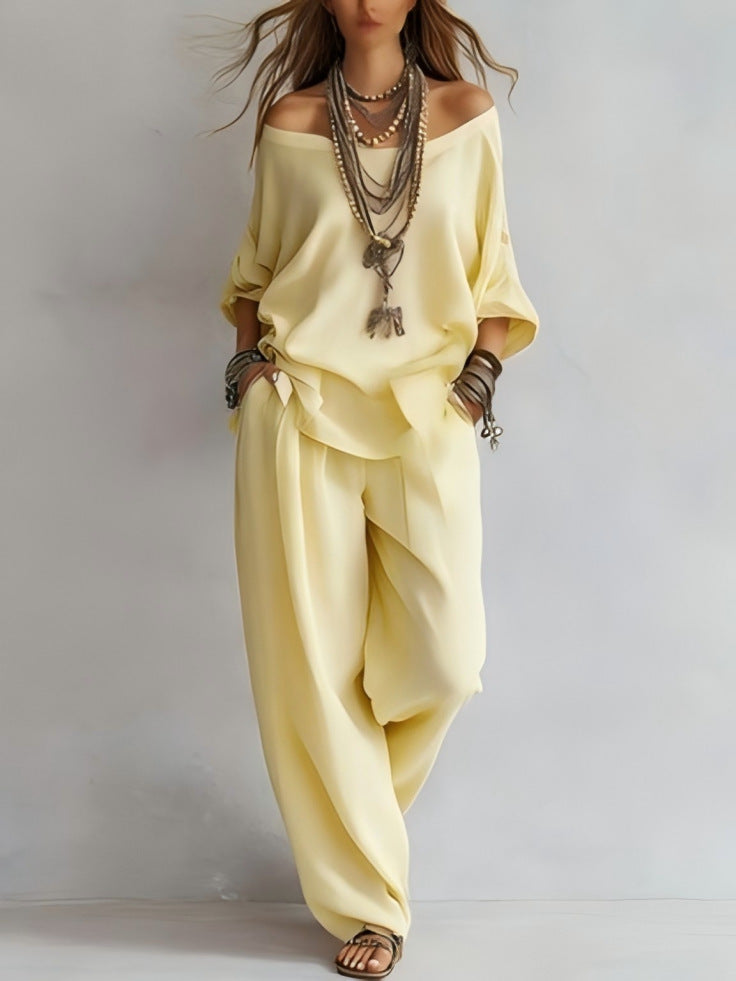 Chiffon Puff-Sleeve Top & Wide-Leg Pants Set – 15 Colors Yellow