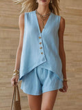 Women's Cotton-Linen V-Neck Button Sleeveless Top & Shorts Set Light Blue