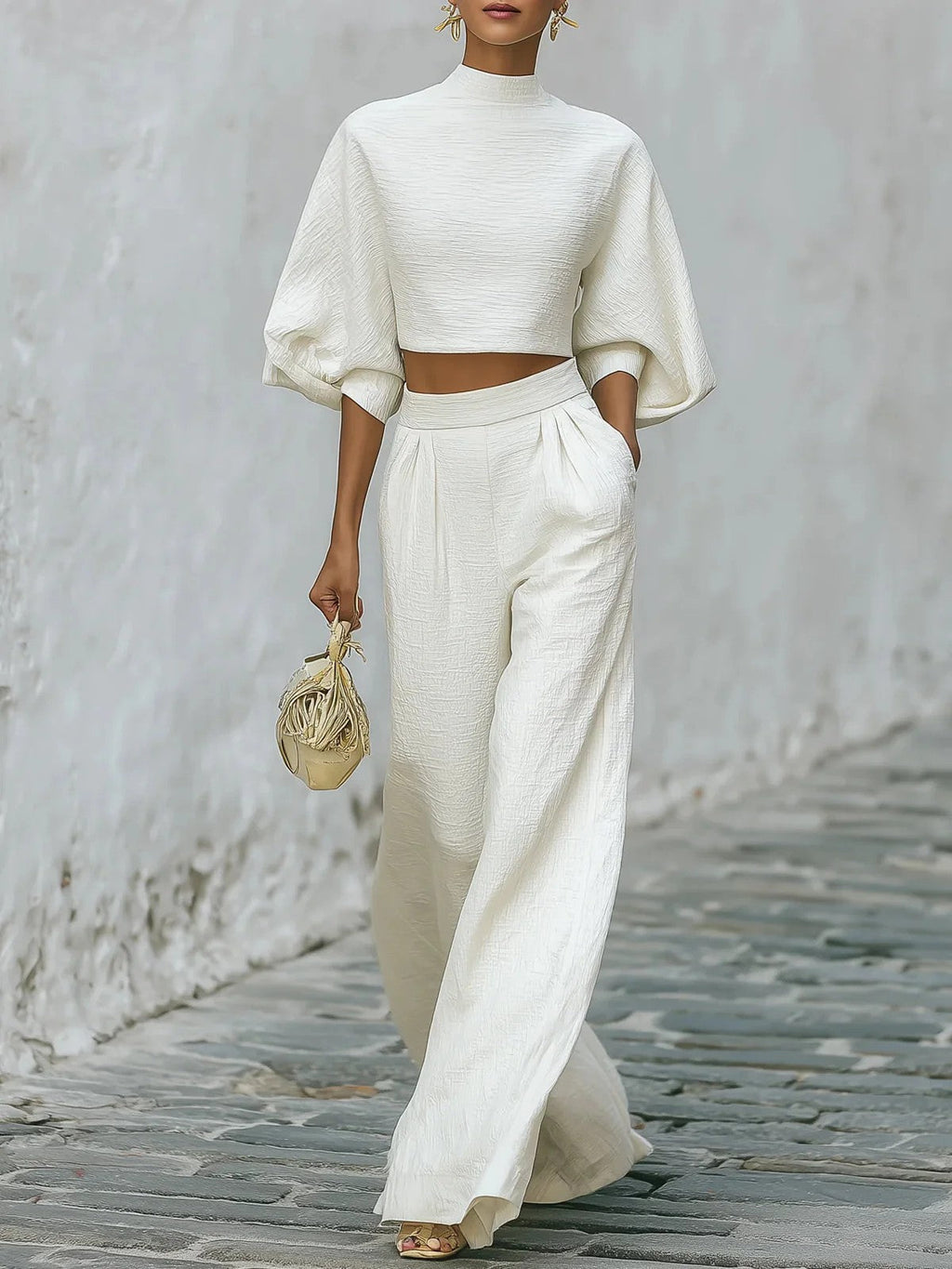 Women’s Short Top & High-Waisted Pants Set – Casual Two-Piece Outfit White