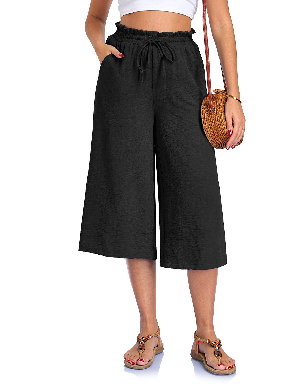 Women’s Elastic Cropped Wide-Leg Pants Black