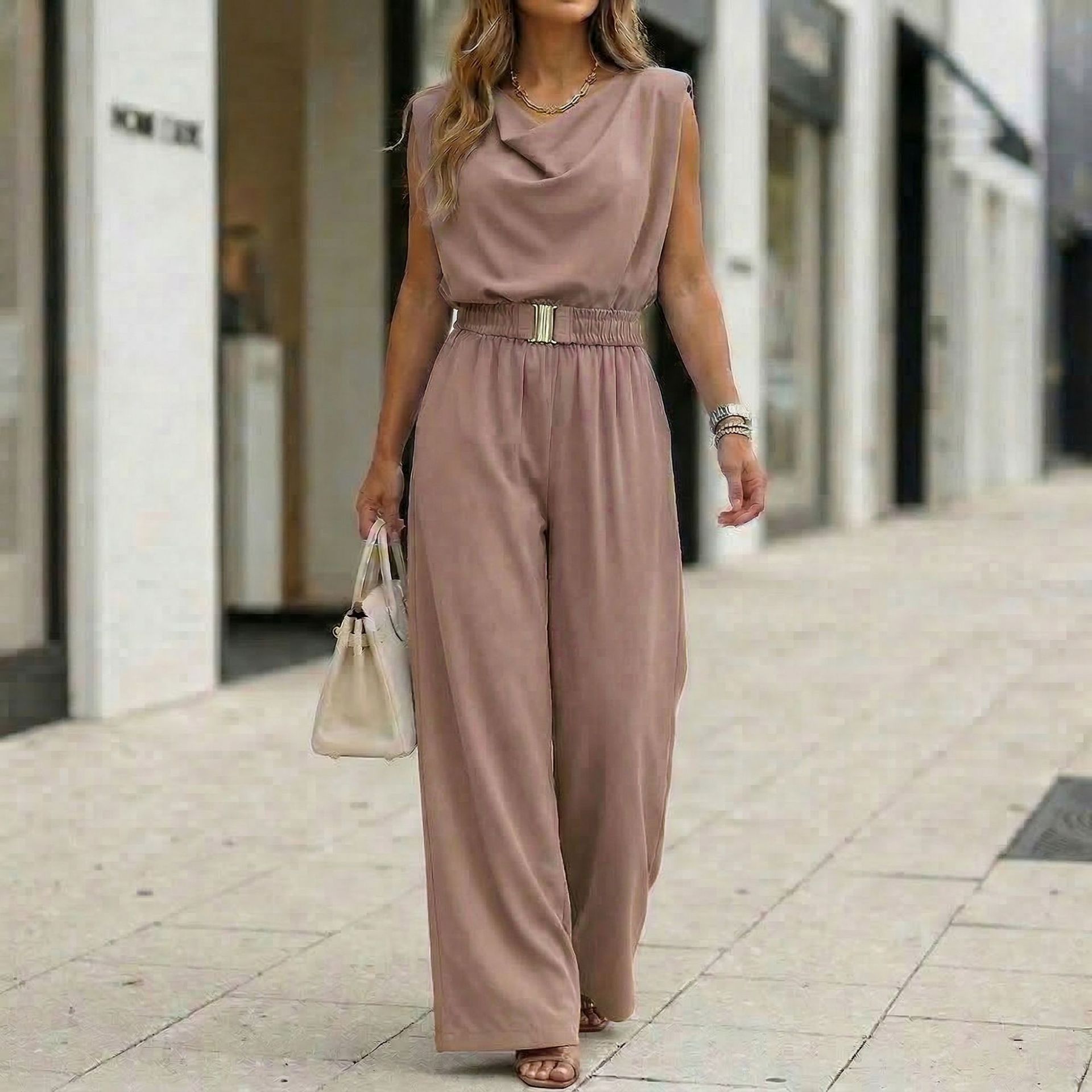 Women's Off-Shoulder Sleeveless Wide-Leg Jumpsuit – High Waist with Belt Khaki
