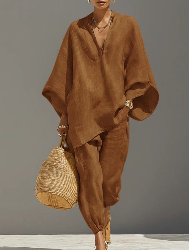 Women’s Casual Solid Color Two Piece Shirt Set Brown