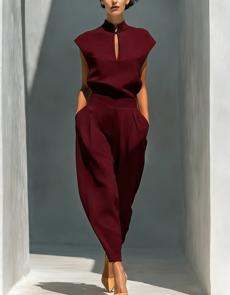 Women's Chinese-Style Satin Short-Sleeve Top & Pants Set Wine Red