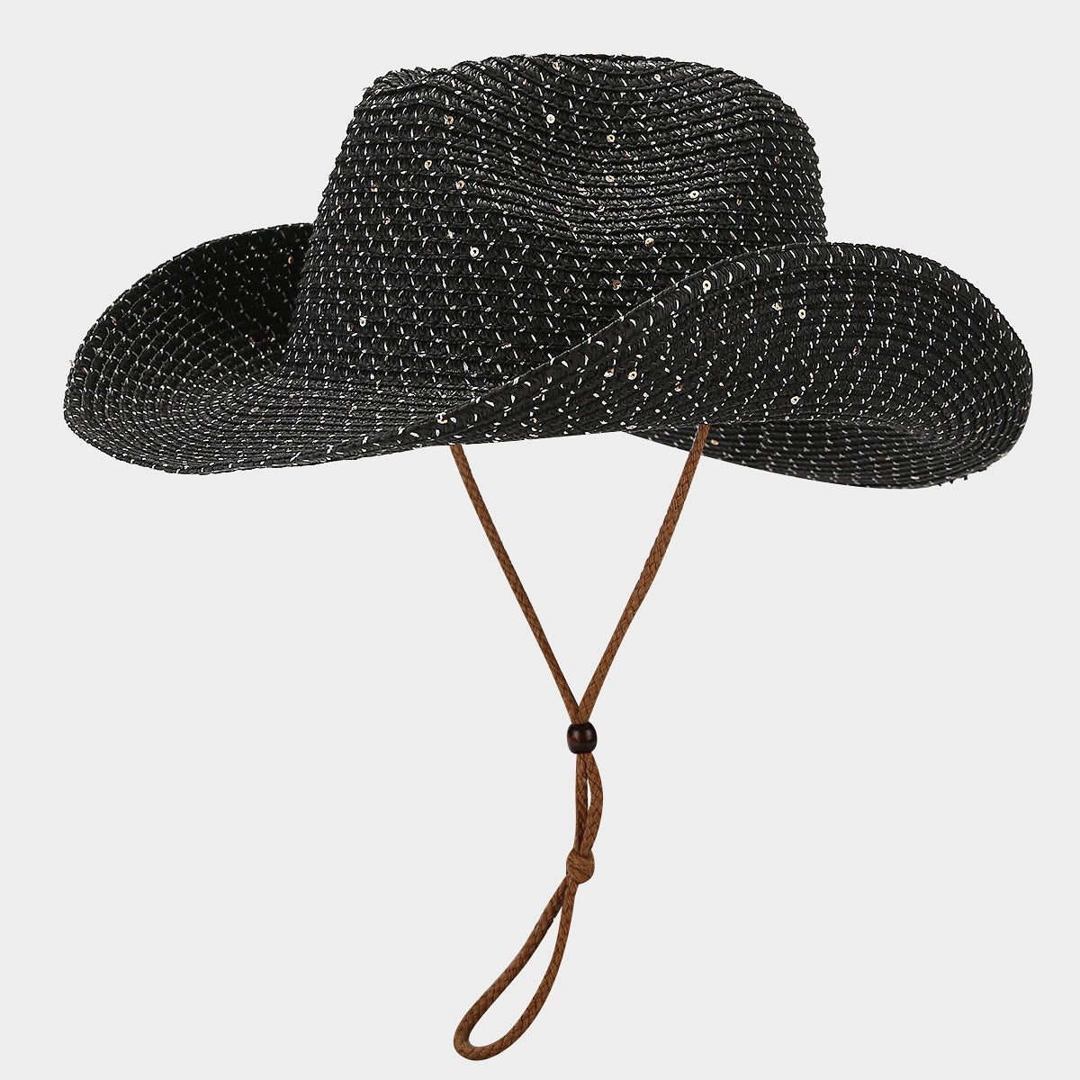 Women's Panama Straw Woven Sun Hat – Windproof Sequin Detail Beach Hat Black Free Size
