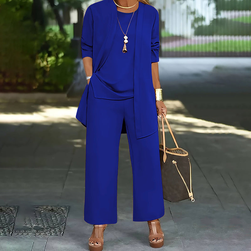 Women's Plus Size 3-Piece Lounge Set – Cardigan, Vest & Wide-Leg Pants Blue