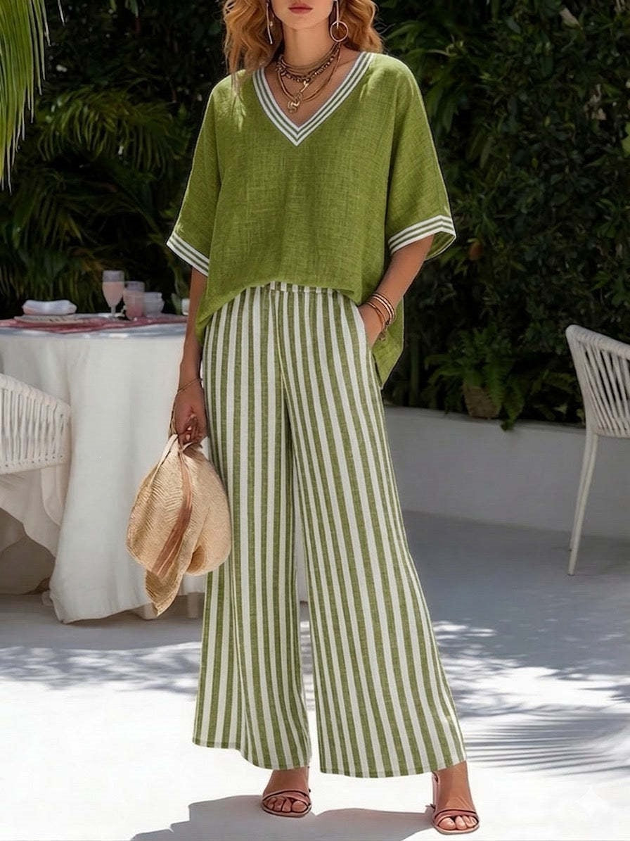 Women's Striped Tunic Top & Casual Trousers Two-Piece Set Green