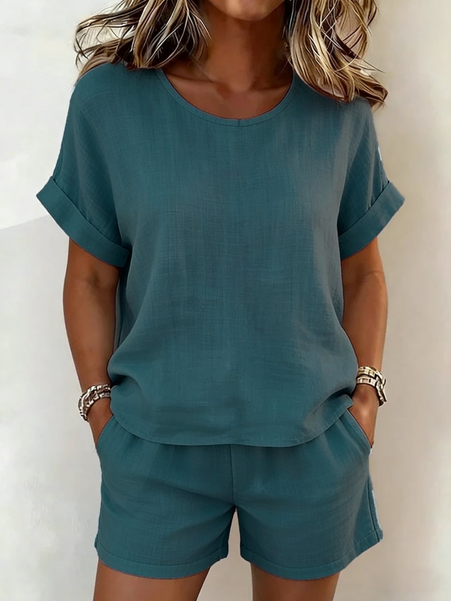 Solid-Color T-Shirt & Shorts Set – Cotton Linen, 10 Colors Sea Blue