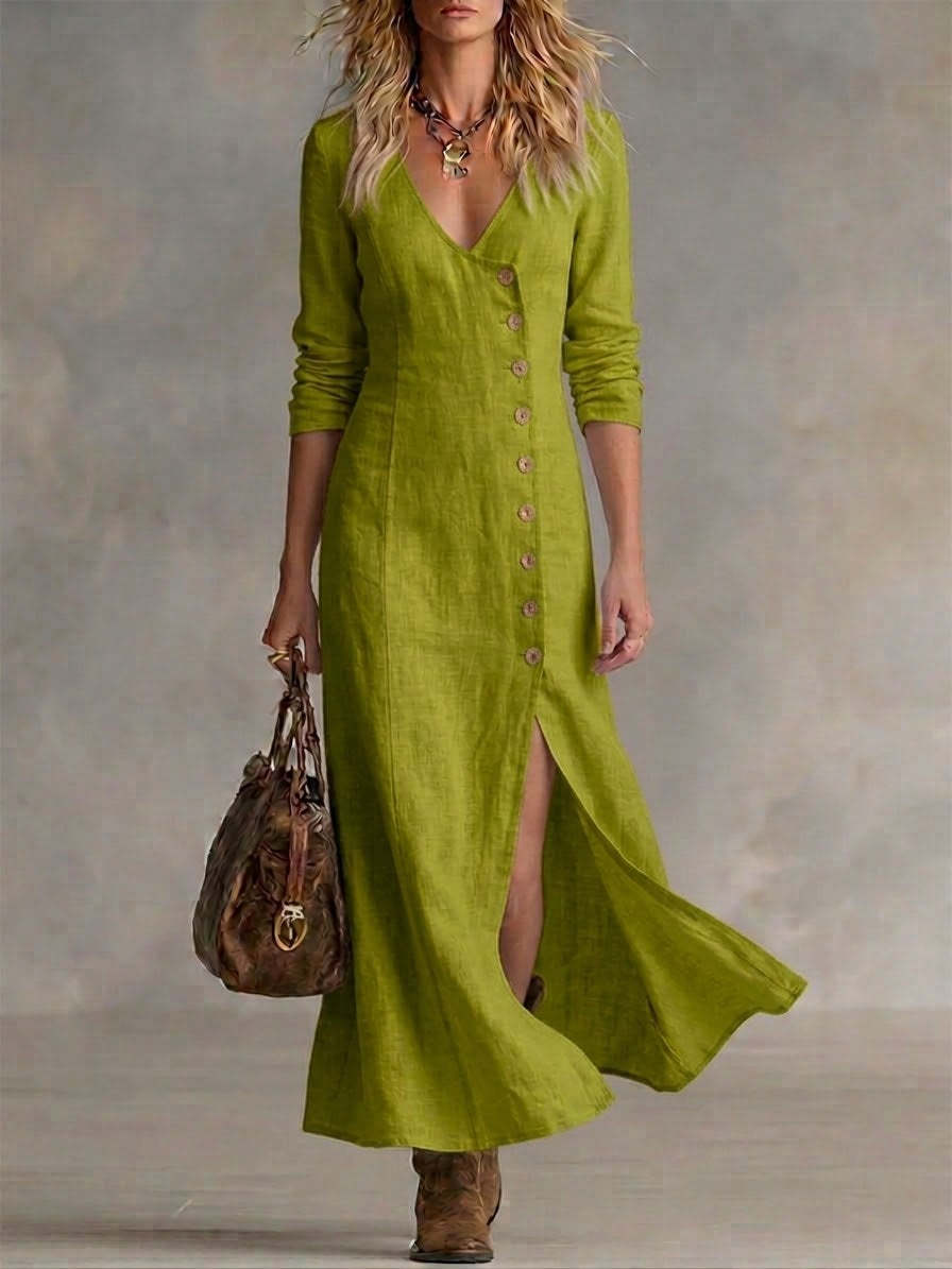 Casual Cotton Linen Long Sleeve Women’s Dress Yellow Green