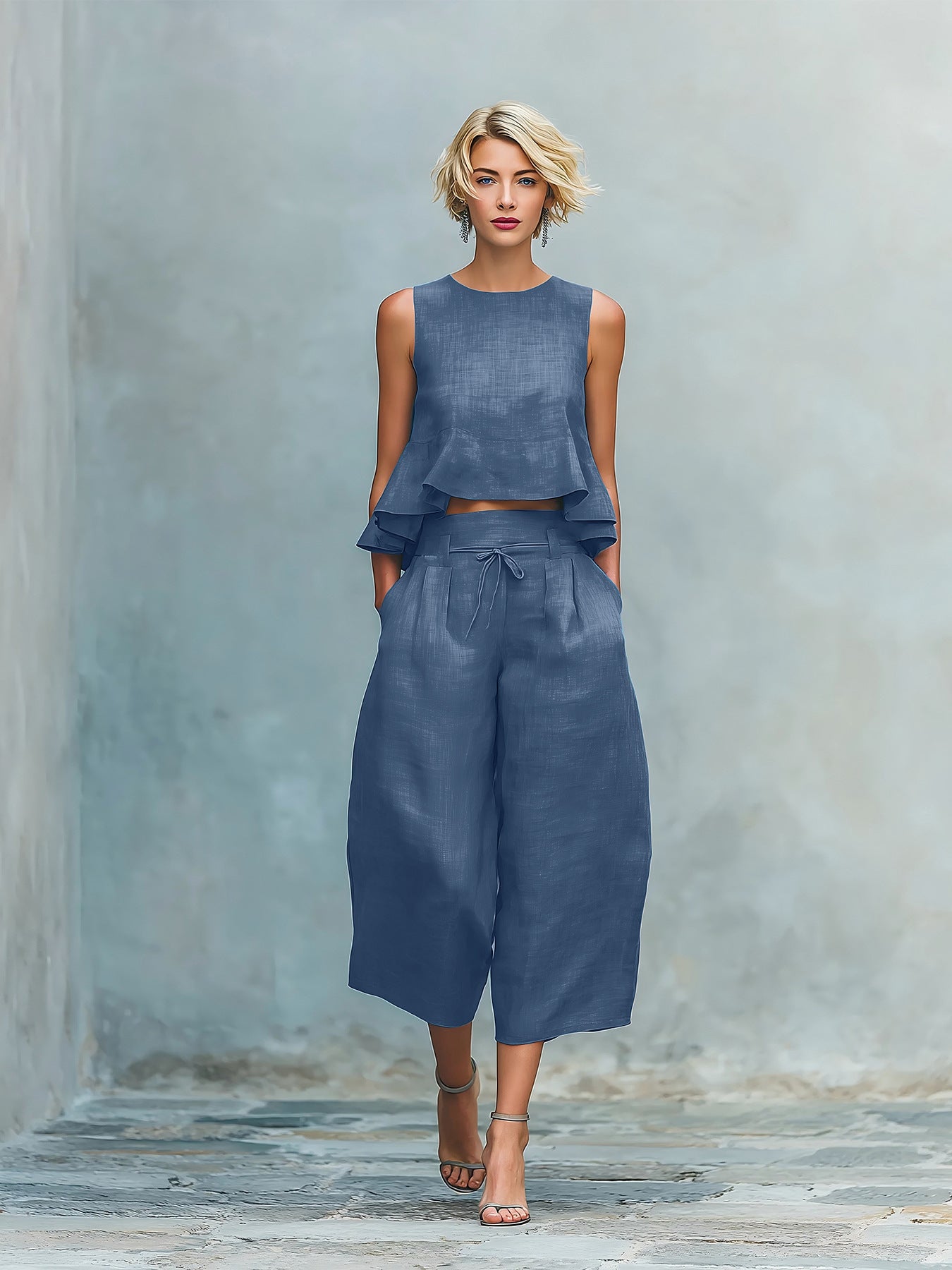Women’s Linen-Blend Sleeveless Two Piece Set with Ruffled Detailing Navy Blue