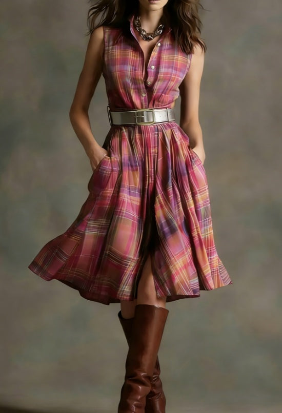 Women's Plaid Collared Sleeveless Fitted Waist Dress Pink (No belt)